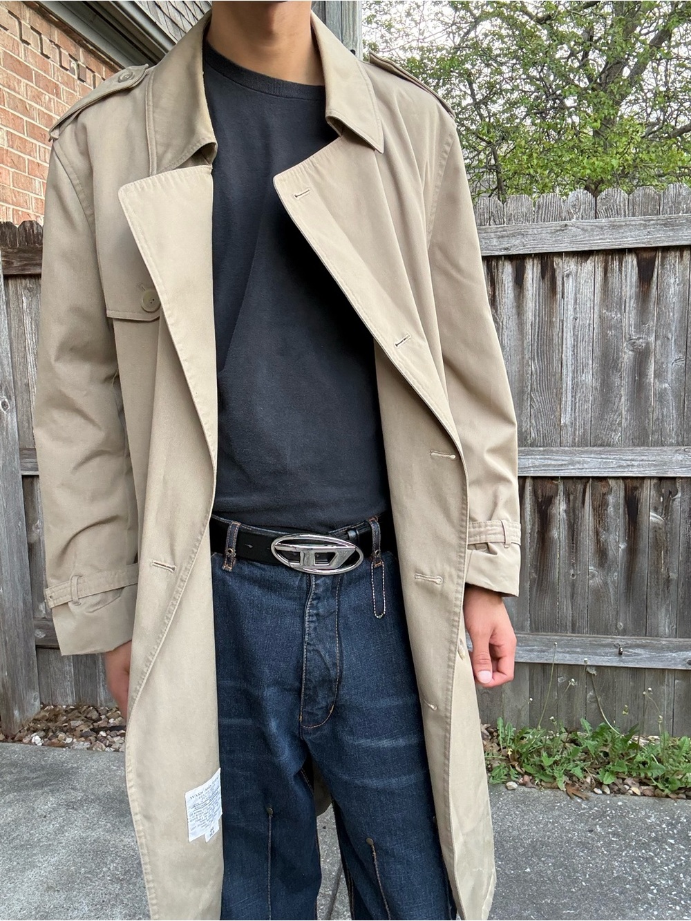 90s Oleg Cassini Khaki Double Breasted Trench Coat Waxed Style